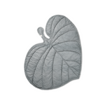 A gray quilted leaf-shaped baby blanket or play mat with a small loop at the top, shown on a plain white background.