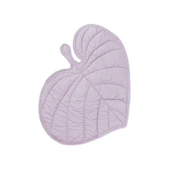 A light purple, leaf-shaped quilted baby blanket or swaddle with a small integrated handle, shown on a plain white background.