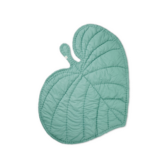 A mint green quilted leaf-shaped blanket or play mat with a small loop handle, shown on a plain white background.