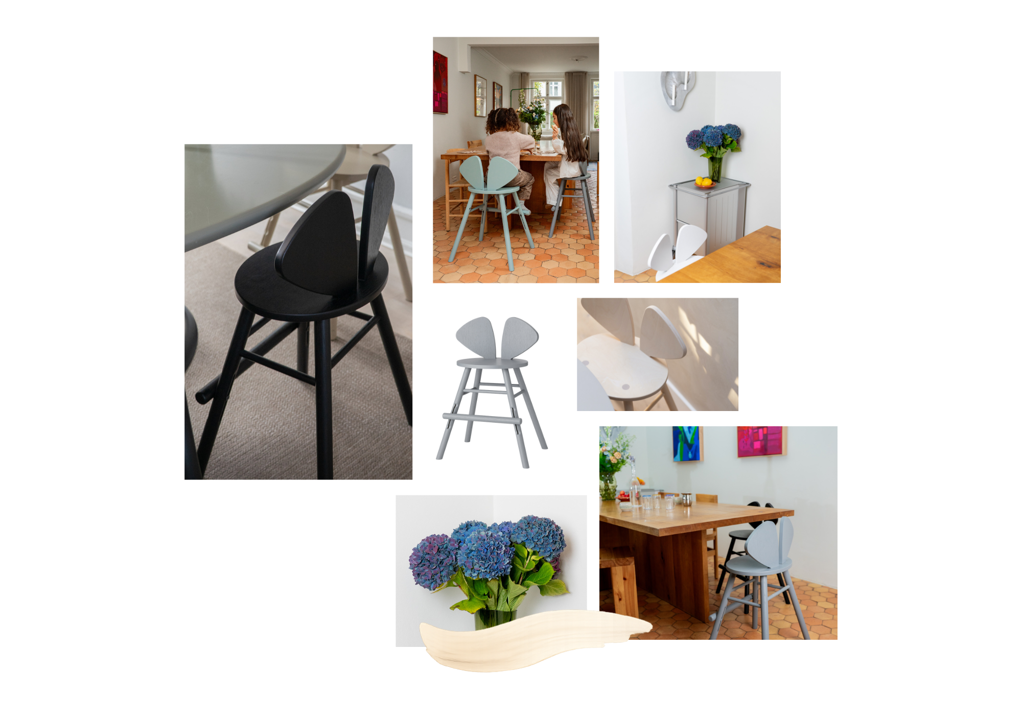 Collage of various chairs and dining room settings.