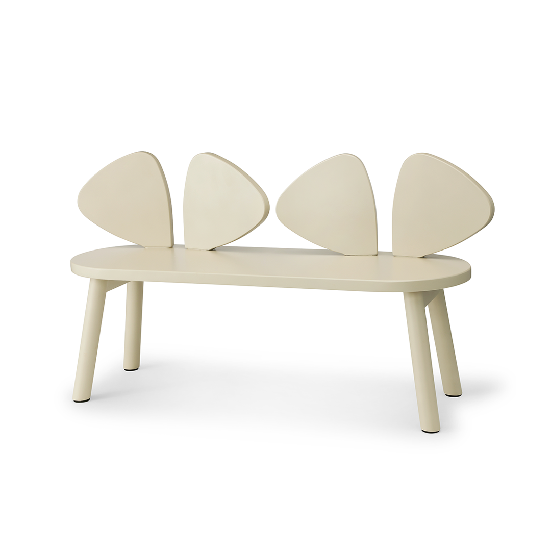 A modern minimalist bench with a rounded rectangular seat and four tapered legs, featuring a backrest composed of four curved, petal-like panels in a warm cream color, shown on a plain white background.