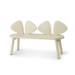 A modern minimalist bench with a rounded rectangular seat and four tapered legs, featuring a backrest composed of four curved, petal-like panels in a warm cream color, shown on a plain white background.