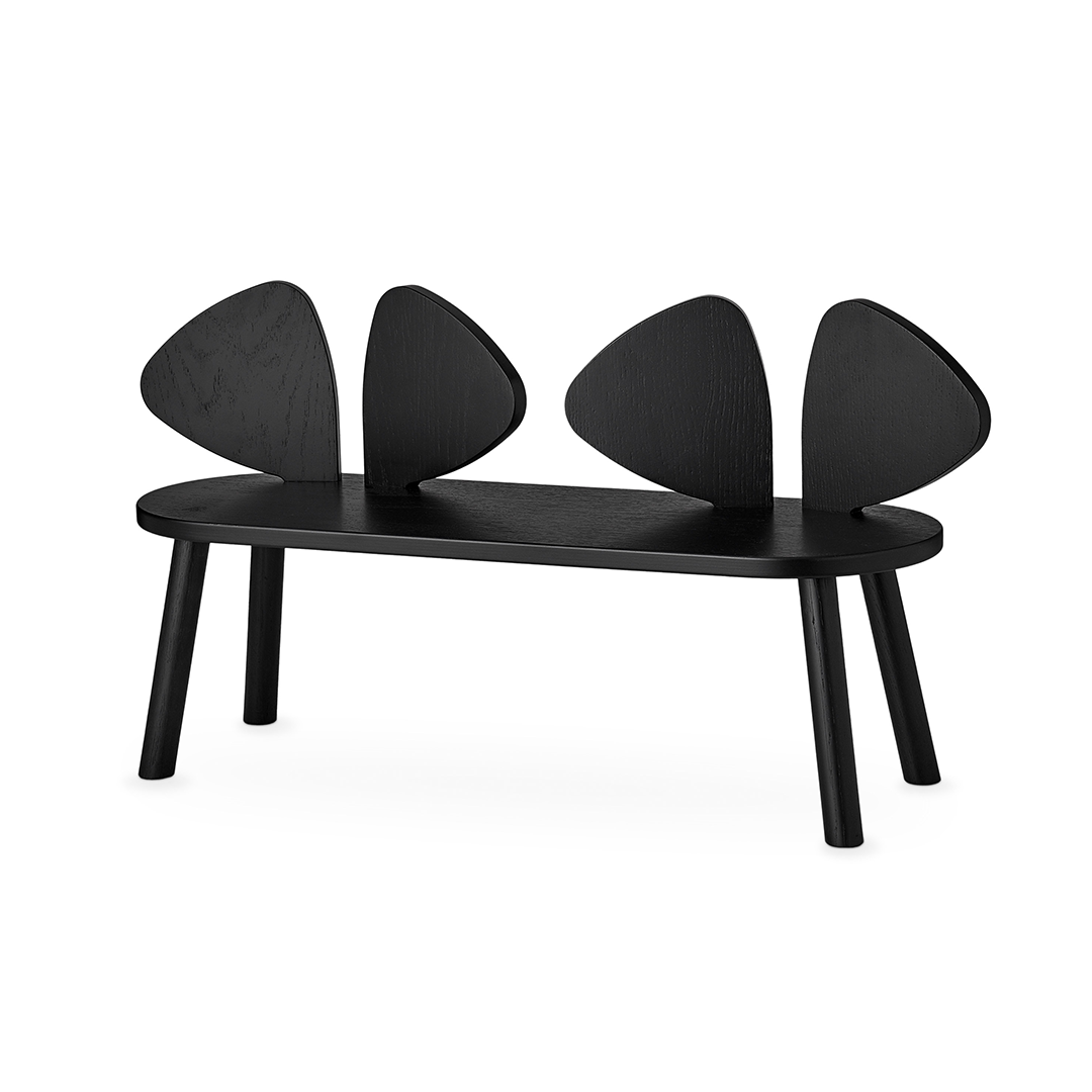 A modern black wooden bench with four curved backrest panels and four tapered legs, shown on a plain white background.
