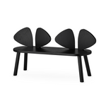 A modern black wooden bench with four curved backrest panels and four tapered legs, shown on a plain white background.