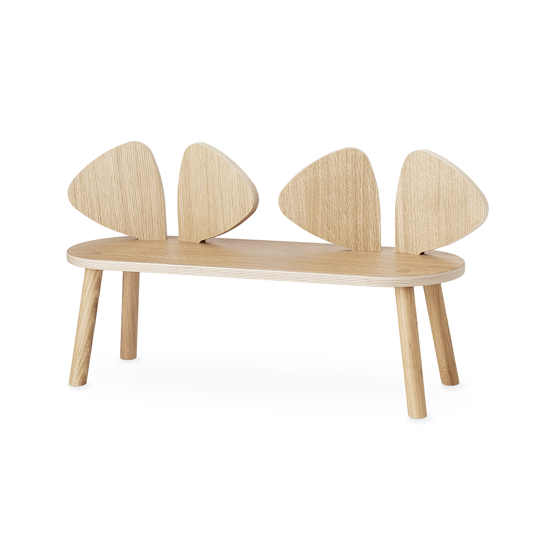 A light natural wood bench with four legs and four curved backrest panels, photographed on a clean white background.