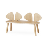 A light natural wood bench with four legs and four curved backrest panels, photographed on a clean white background.