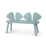A modern bench with a light blue painted finish, featuring a curved seat and four tall, rounded backrest panels, shown on a clean white background.