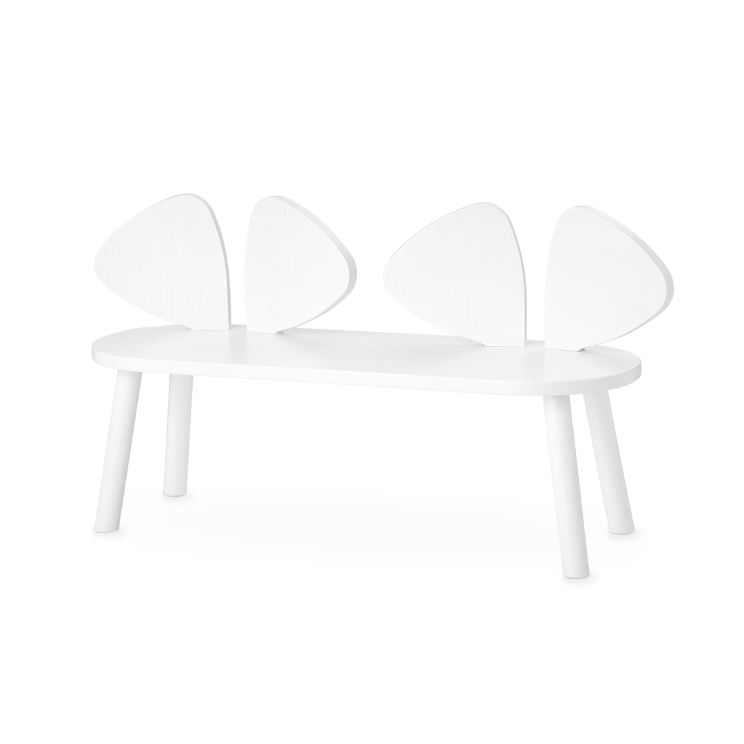 A modern white bench with a rounded rectangular seat and four tall, curved backrest panels, shown on a clean white background.