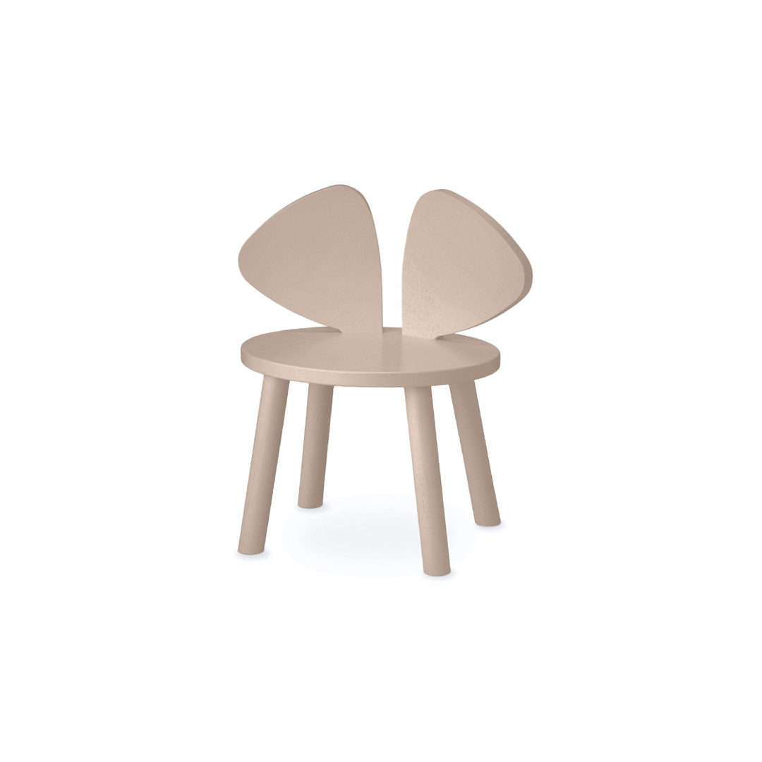 A minimalist children's chair in a light beige wood finish, featuring a round seat and two curved, wing-like backrest panels, shown against a plain white background.