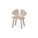 A minimalist children's chair in a light beige wood finish, featuring a round seat and two curved, wing-like backrest panels, shown against a plain white background.