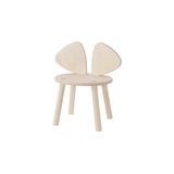 A minimalist light natural wood children's chair with a round seat, four tapered legs, and a split-leaf backrest, shown on a plain white background.