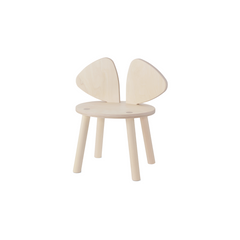 A minimalist light natural wood children's chair with a round seat, four tapered legs, and a split-leaf backrest, shown on a plain white background.