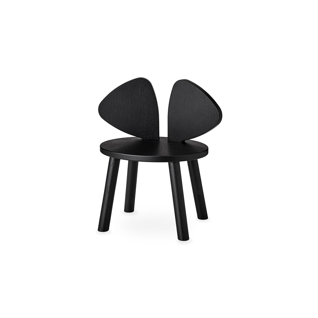 A modern black wooden chair with a round seat and a unique split backrest composed of two curved, wing-like panels, shown against a plain white background.