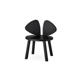 A modern black wooden chair with a round seat and a unique split backrest composed of two curved, wing-like panels, shown against a plain white background.
