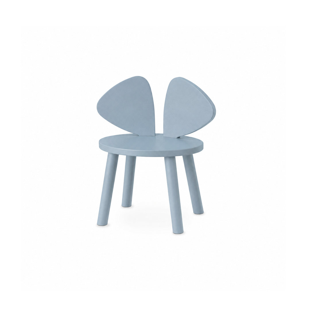 A light blue children's chair with a round seat, four legs, and a unique double-leaf backrest, shown against a plain white background.