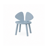 A light blue children's chair with a round seat, four legs, and a unique double-leaf backrest, shown against a plain white background.