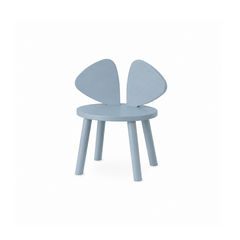 A light blue children's chair with a round seat, four legs, and a unique double-leaf backrest, shown against a plain white background.