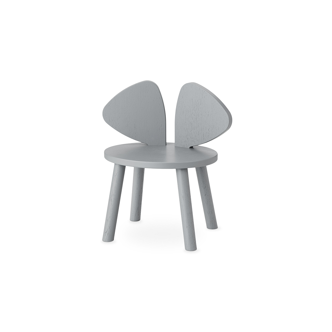 A light gray wooden children's chair with a round seat, four tapered legs, and two curved backrest panels, shown on a plain white background.
