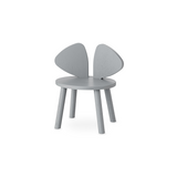 A light gray wooden children's chair with a round seat, four tapered legs, and two curved backrest panels, shown on a plain white background.