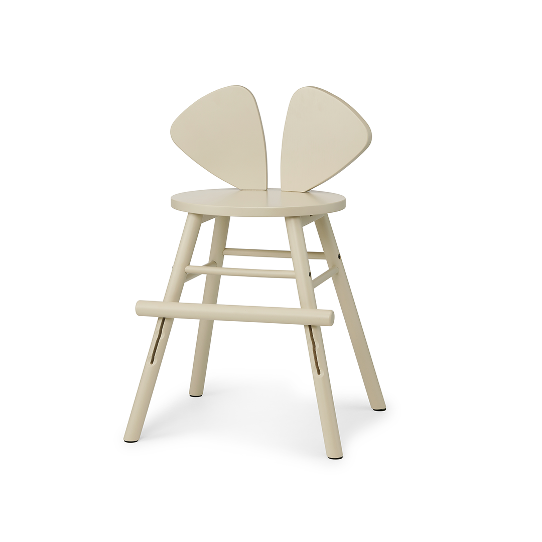 A light beige wooden chair with a unique split-owl-shaped backrest, a round seat, and a footrest bar, shown on a solid white background.