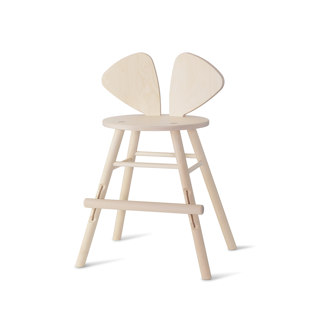 A minimalist light natural wood stool with a round seat, four angled legs, and a unique butterfly-shaped backrest, shown on a clean white background.