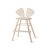 A minimalist light natural wood stool with a round seat, four angled legs, and a unique butterfly-shaped backrest, shown on a clean white background.
