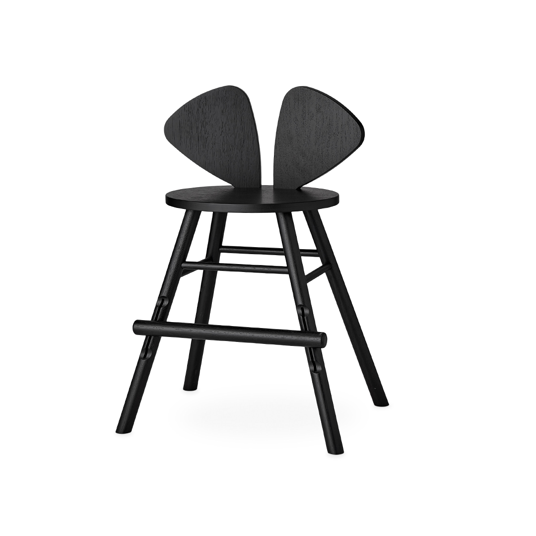 A modern black wooden counter stool with a unique split backrest resembling two wings, shown from a three-quarter angle on a white background.