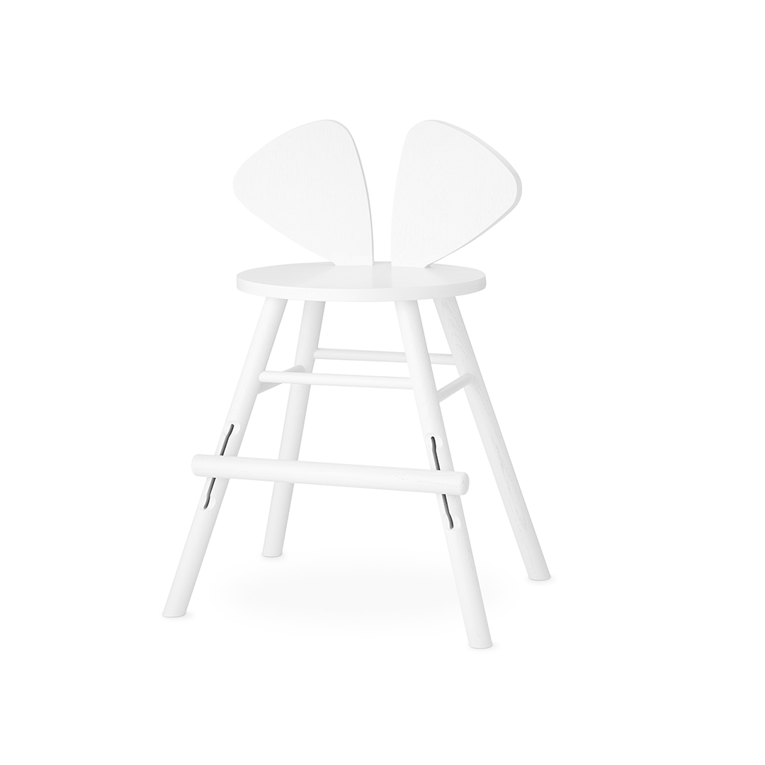A minimalist white wooden counter stool with a unique butterfly-wing backrest, a round seat, and angled legs, shown against a solid white background.