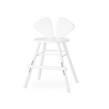 A minimalist white wooden counter stool with a unique butterfly-wing backrest, a round seat, and angled legs, shown against a solid white background.