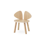 A light natural wood children's chair with a round seat, four legs, and a back made of two curved triangular panels, shown on a plain white background.