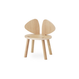 A light natural wood children's chair with a round seat, four legs, and a back made of two curved triangular panels, shown on a plain white background.