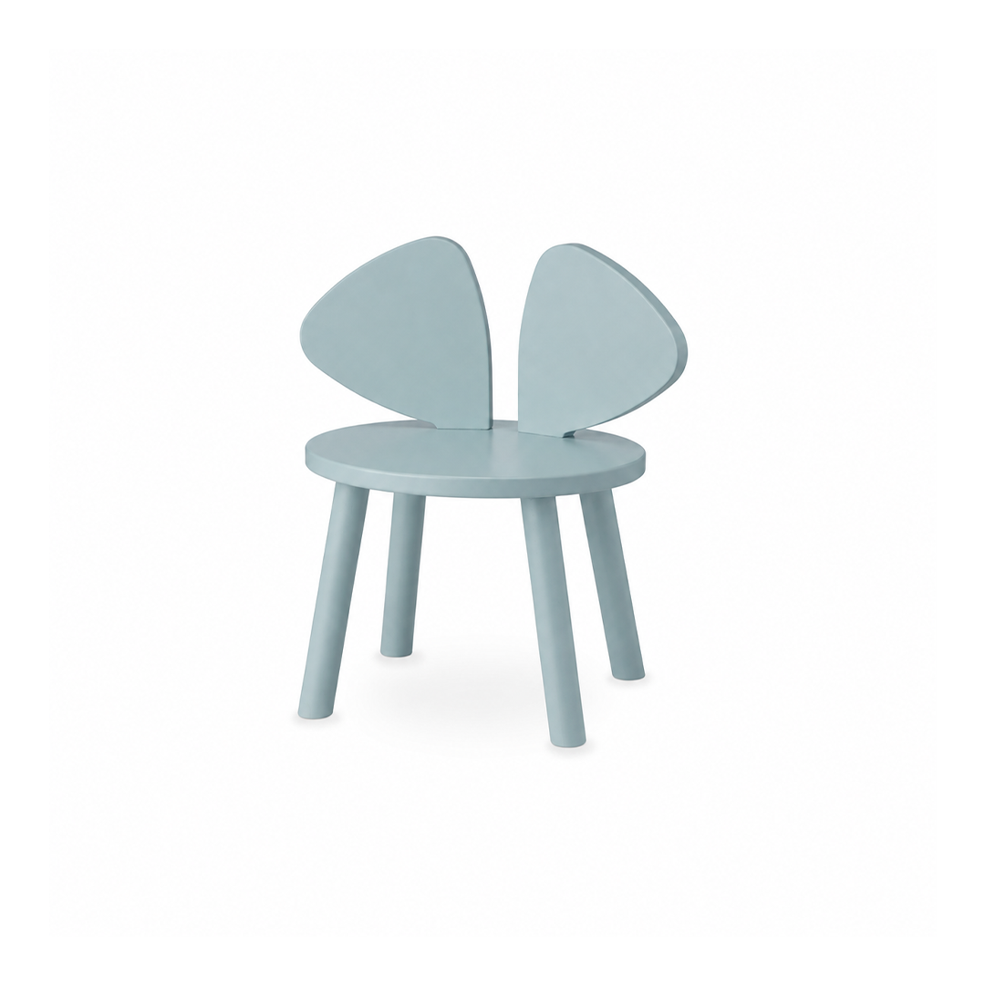 A light blue molded plastic children's chair with a rounded seat and two curved backrest wings, shown against a plain white background.