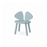 A light blue molded plastic children's chair with a rounded seat and two curved backrest wings, shown against a plain white background.