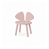 A light pink children's chair with a rounded seat and four legs, featuring a unique wing-like backrest, shown on a plain white background.