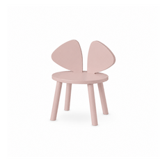 A light pink children's chair with a rounded seat and four legs, featuring a unique wing-like backrest, shown on a plain white background.