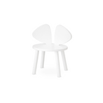 A white children's chair with a round seat, four tapered legs, and a split wing-back backrest, shown on a plain white background.