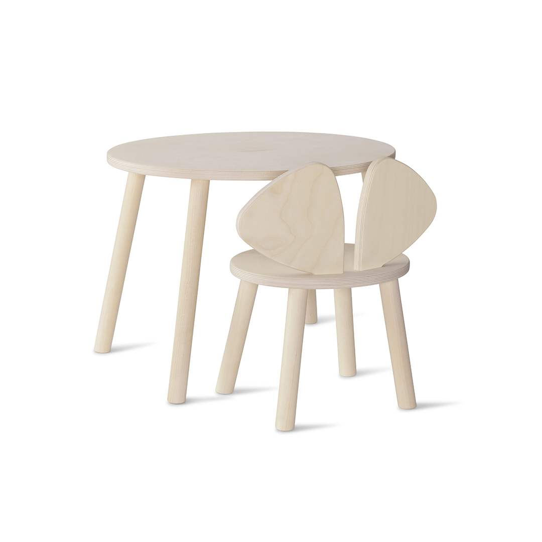 A light natural wood children's table and matching chair set on a clean white background.