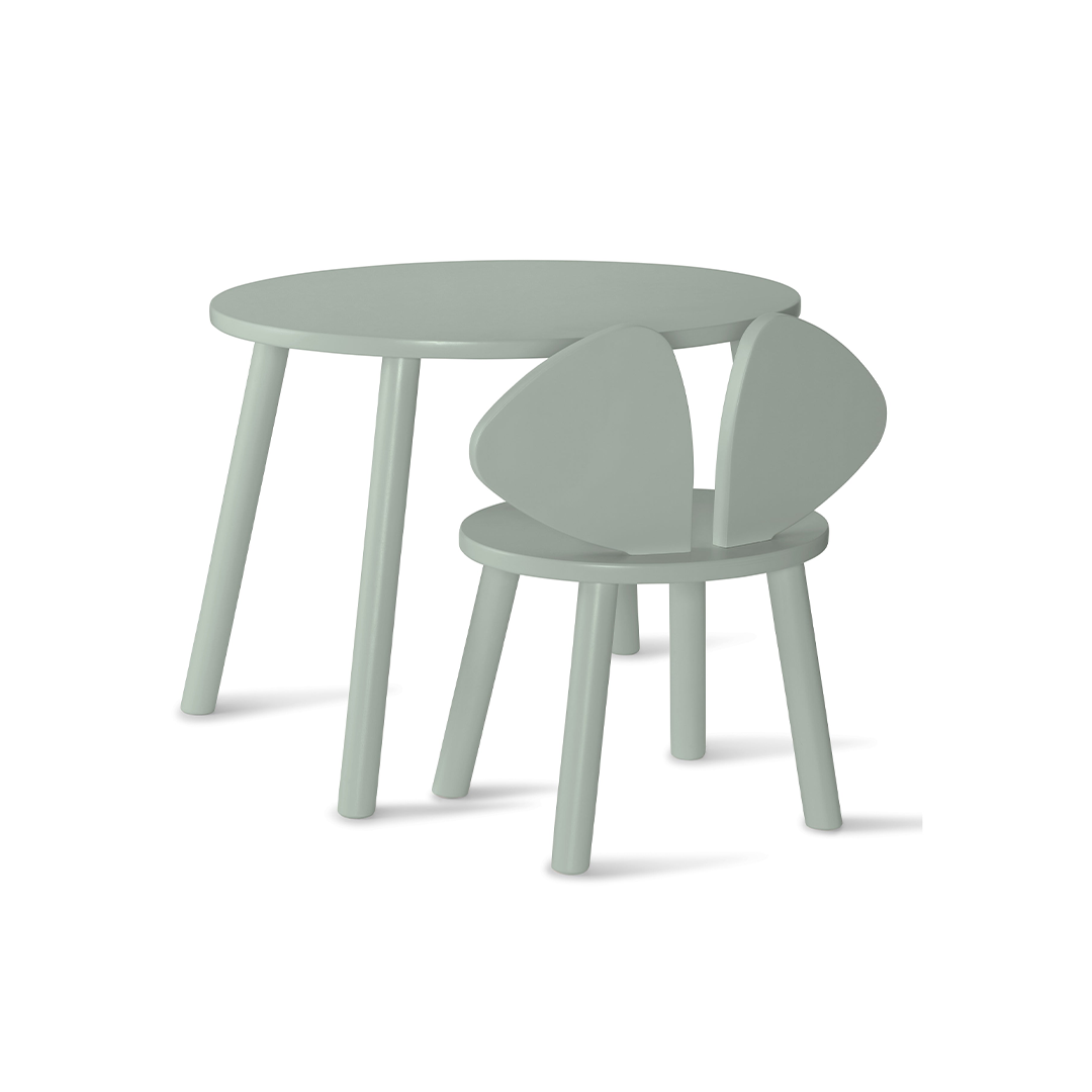A children's table and chair set in a muted sage green color, featuring a round table and a chair with a unique split backrest, shown on a plain white background.