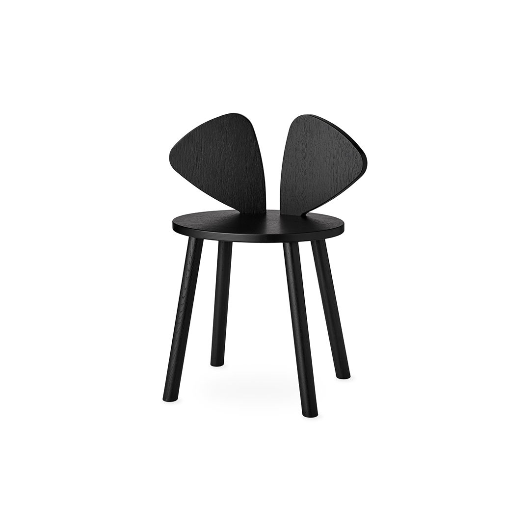 A modern black wooden chair with a round seat and two curved, wing-like backrest panels, shown against a plain white background.