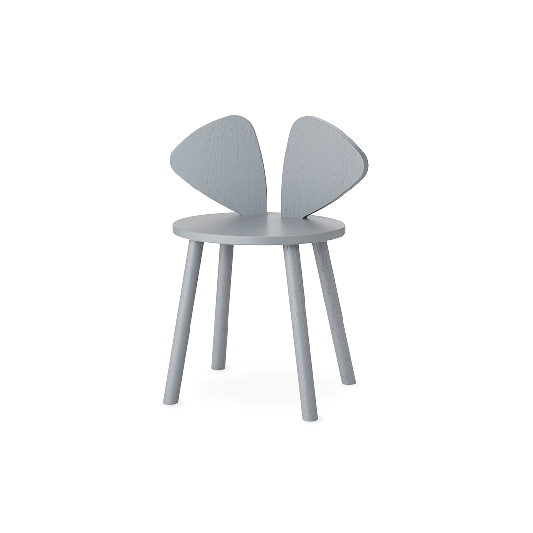 A light gray wooden chair with a round seat and four legs, featuring a unique wing-like backrest composed of two upward-curving panels, shown against a plain white background.