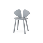A light gray wooden chair with a round seat and four legs, featuring a unique wing-like backrest composed of two upward-curving panels, shown against a plain white background.