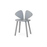 A light gray wooden chair with a round seat and four legs, featuring a unique wing-like backrest composed of two upward-curving panels, shown against a plain white background.