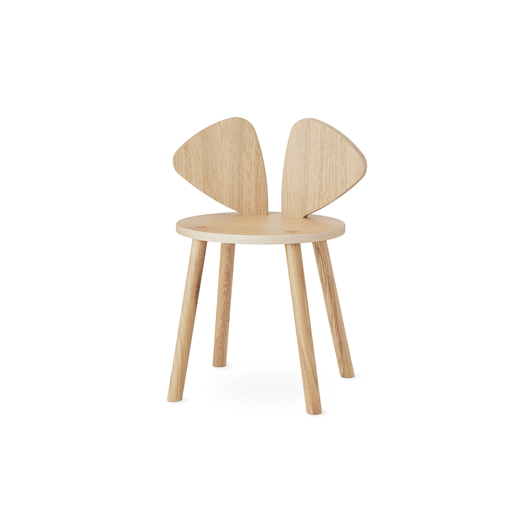 A light natural wood children's chair with a round seat, four tapered legs, and a back made of two curved wing-like panels, shown on a plain white background.