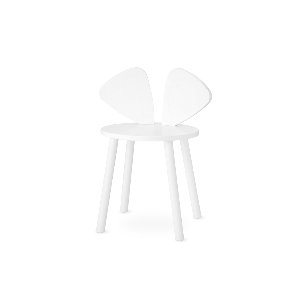 A minimalist white children's chair with a round seat and four tapered legs, featuring a backrest composed of two curved wing-like panels, shown on a clean white background.