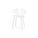 A minimalist white children's chair with a round seat and four tapered legs, featuring a backrest composed of two curved wing-like panels, shown on a clean white background.