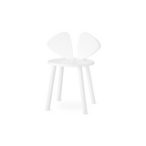 A minimalist white children's chair with a round seat and four tapered legs, featuring a backrest composed of two curved wing-like panels, shown on a clean white background.