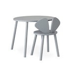 A light gray children's table and chair set on a clean white background. The round table has four tapered legs, and the matching chair features a unique wing-shaped backrest.