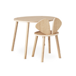 A light natural wood children's table and matching chair with rounded triangular backs, shown on a clean white background.