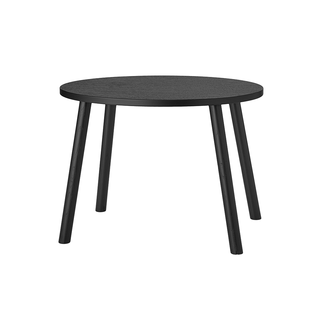 A minimalist black round side table with four tapered legs, shown against a solid white background.