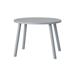A minimalist round side table with a light gray painted wood finish and three tapered legs, shown against a plain white background.